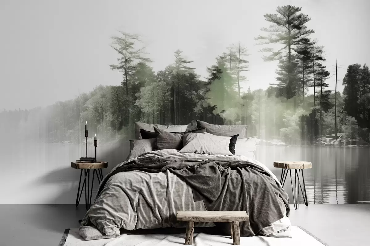 murais de parede Paisagem abstrata minimalista texturada com um lago e reflexos de árvores na água em tons de verde e branco w09058