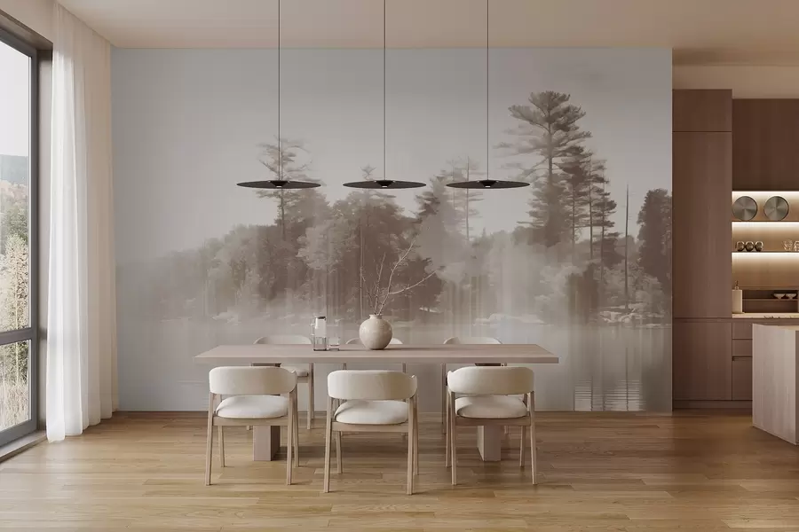 murais de parede Paisagem abstrata minimalista texturada com um lago e reflexos de árvores na água em tons de bege e branco w09058v1