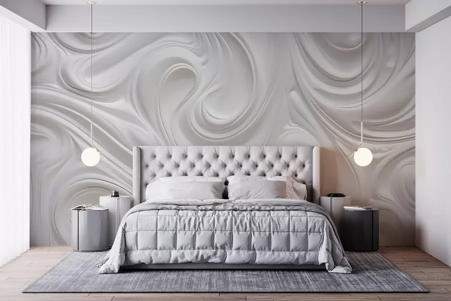 murais de parede Arte moderna abstrata branca com redemoinhos e ondas fluidas, textura suave, design elegante, estética minimalista w09059