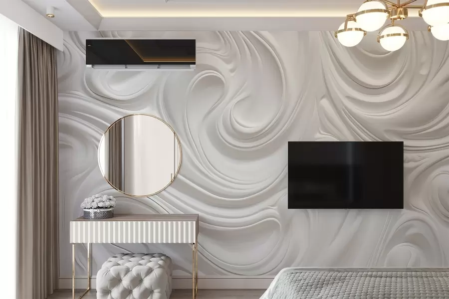 murais de parede Arte moderna abstrata branca com redemoinhos e ondas fluidas, textura suave, design elegante, estética minimalista w09059