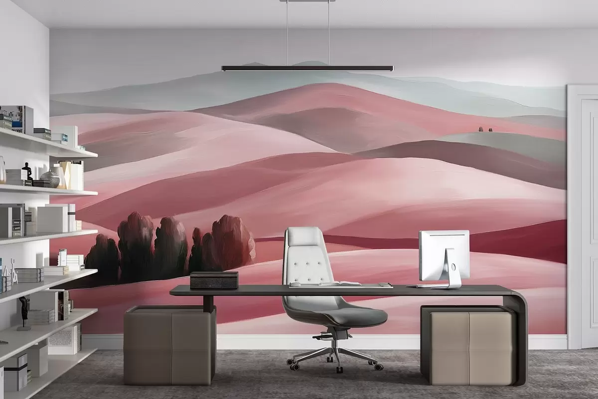 murais de parede Paisagens com árvores, Toscana, cores cor-de-rosa, estilo óleo w03880v2
