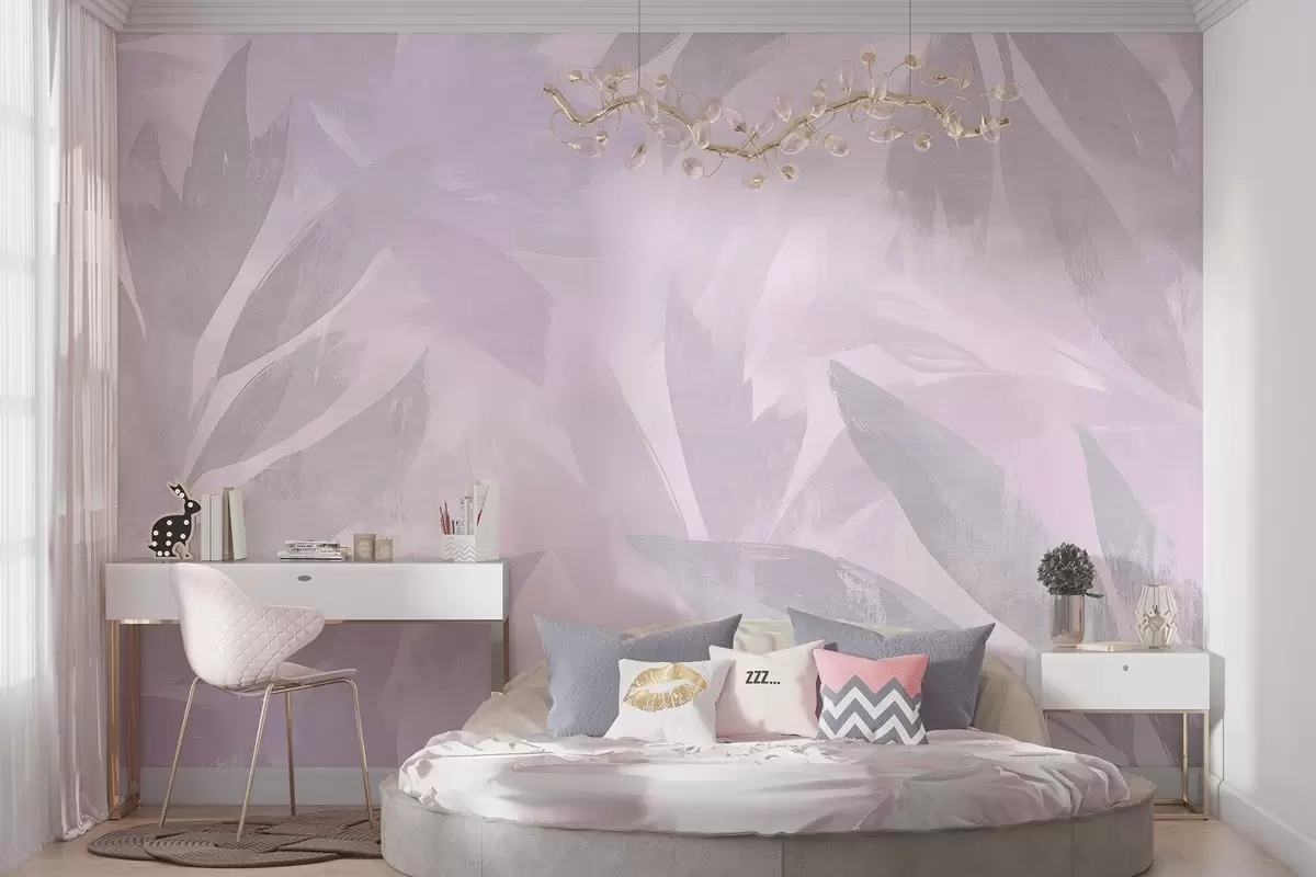 murais de parede Folhas tropicais, florais, palmeiras, estilo pastel, cores púrpura w03881v1