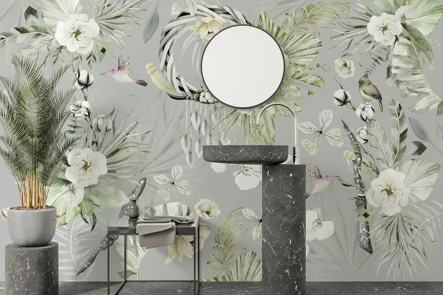 murais de parede Ornamento estilo Boho com flores de peónia e pássaros, estilo aguarela, cores verdes w03885v2