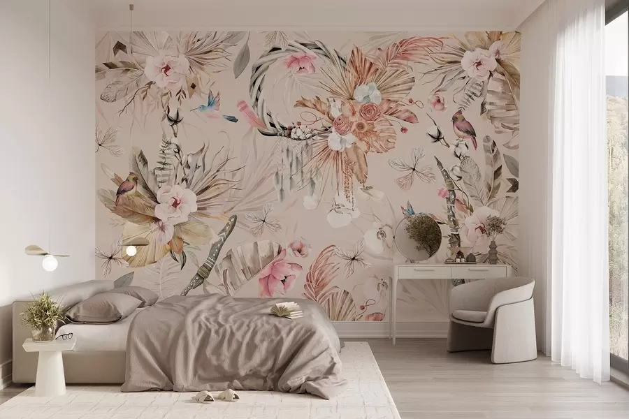 murais de parede Ornamento estilo Boho com flores de peónia e pássaros, estilo aguarela, cores suaves w03885v3