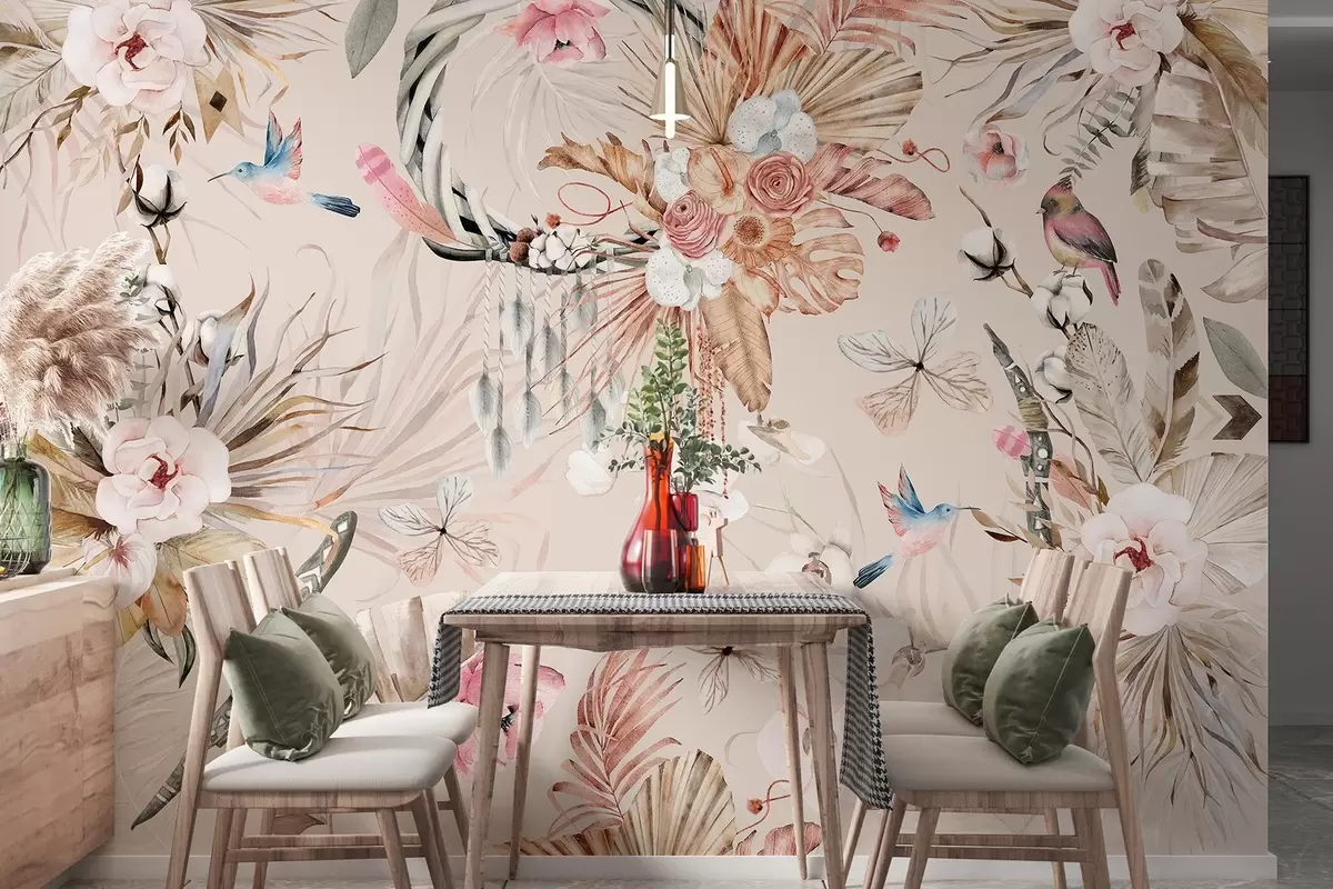 murais de parede Ornamento estilo Boho com flores de peónia e pássaros, estilo aguarela, cores suaves w03885v3