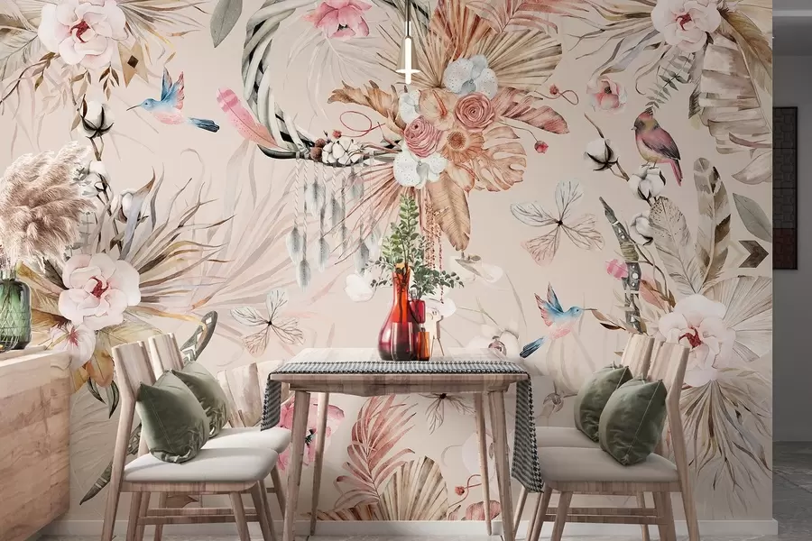 murais de parede Ornamento estilo Boho com flores de peónia e pássaros, estilo aguarela, cores suaves w03885v3