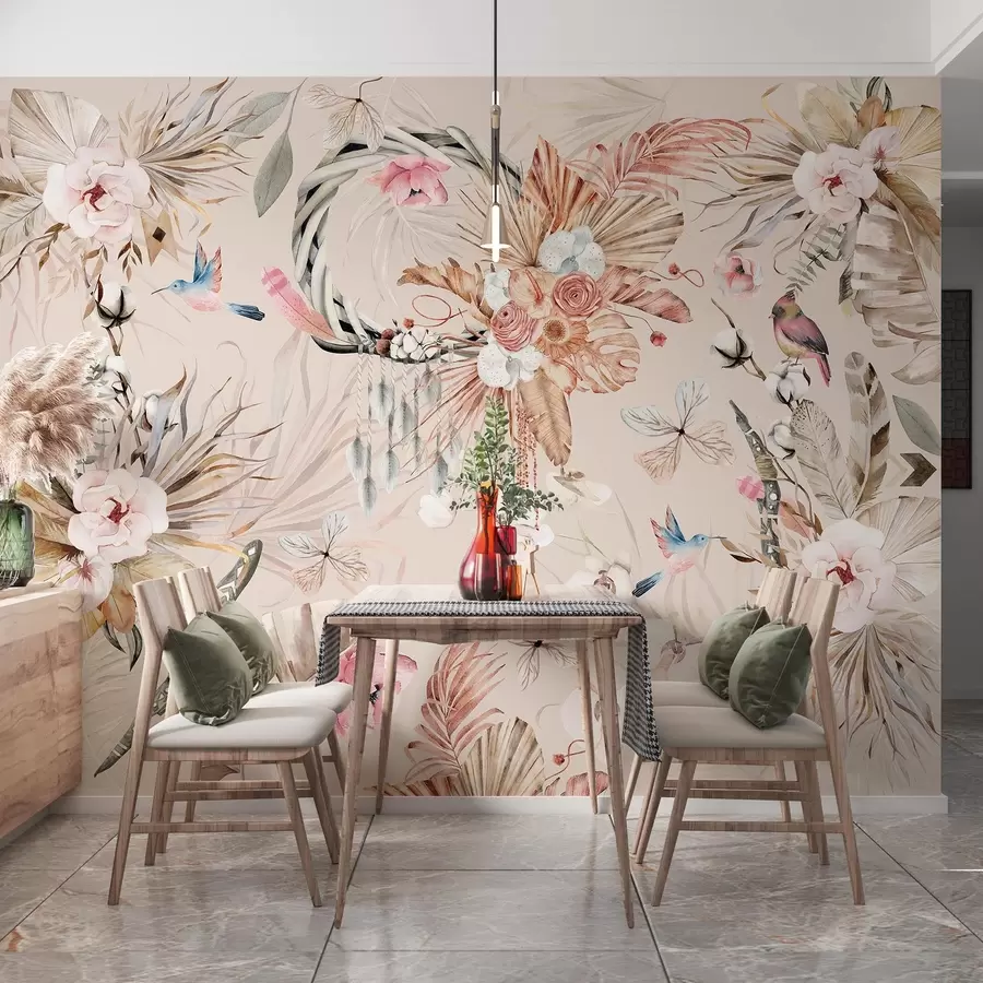 murais de parede Ornamento estilo Boho com flores de peónia e pássaros, estilo aguarela, cores suaves w03885v3