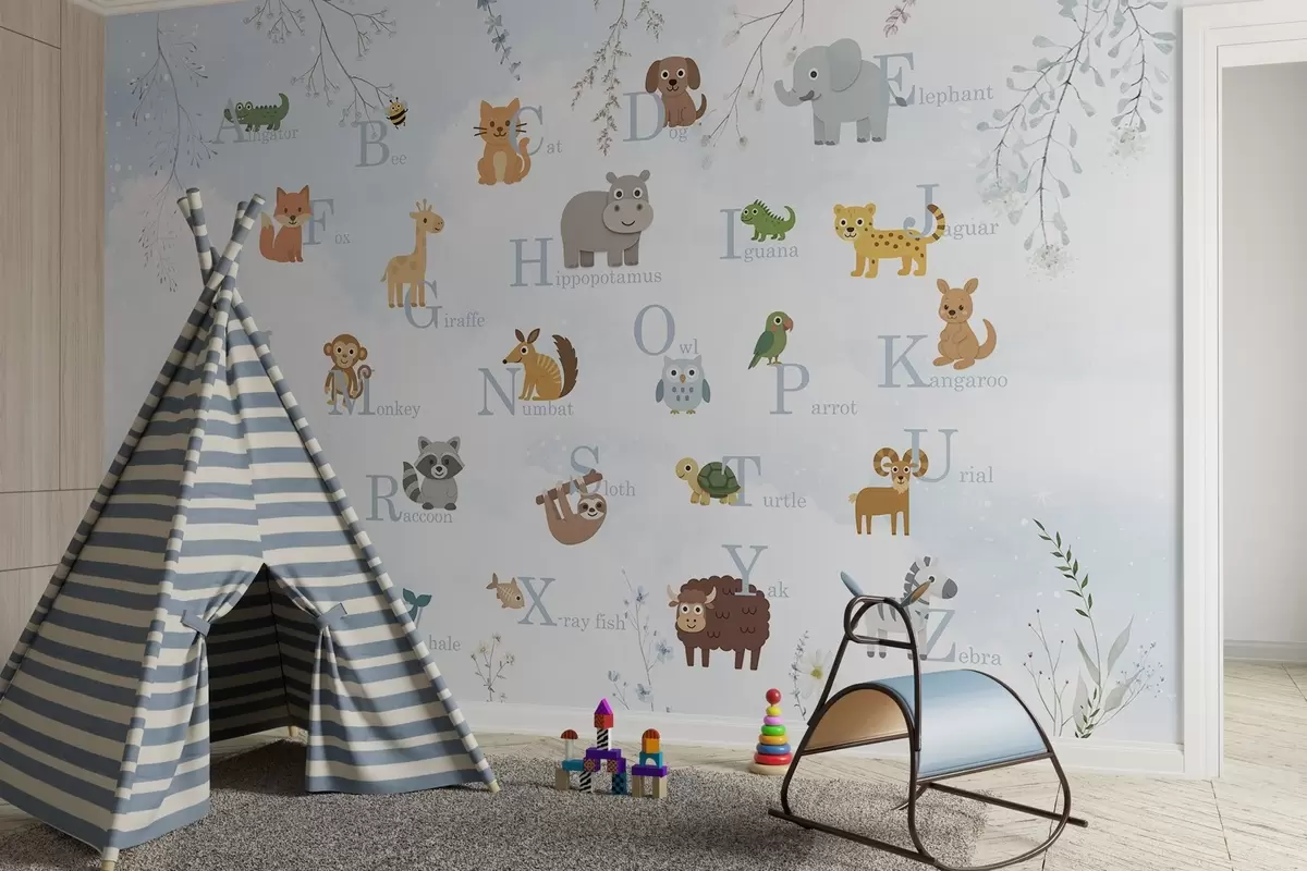 murais de parede Alfabeto com letras azuis, plantas e céu w03809v1