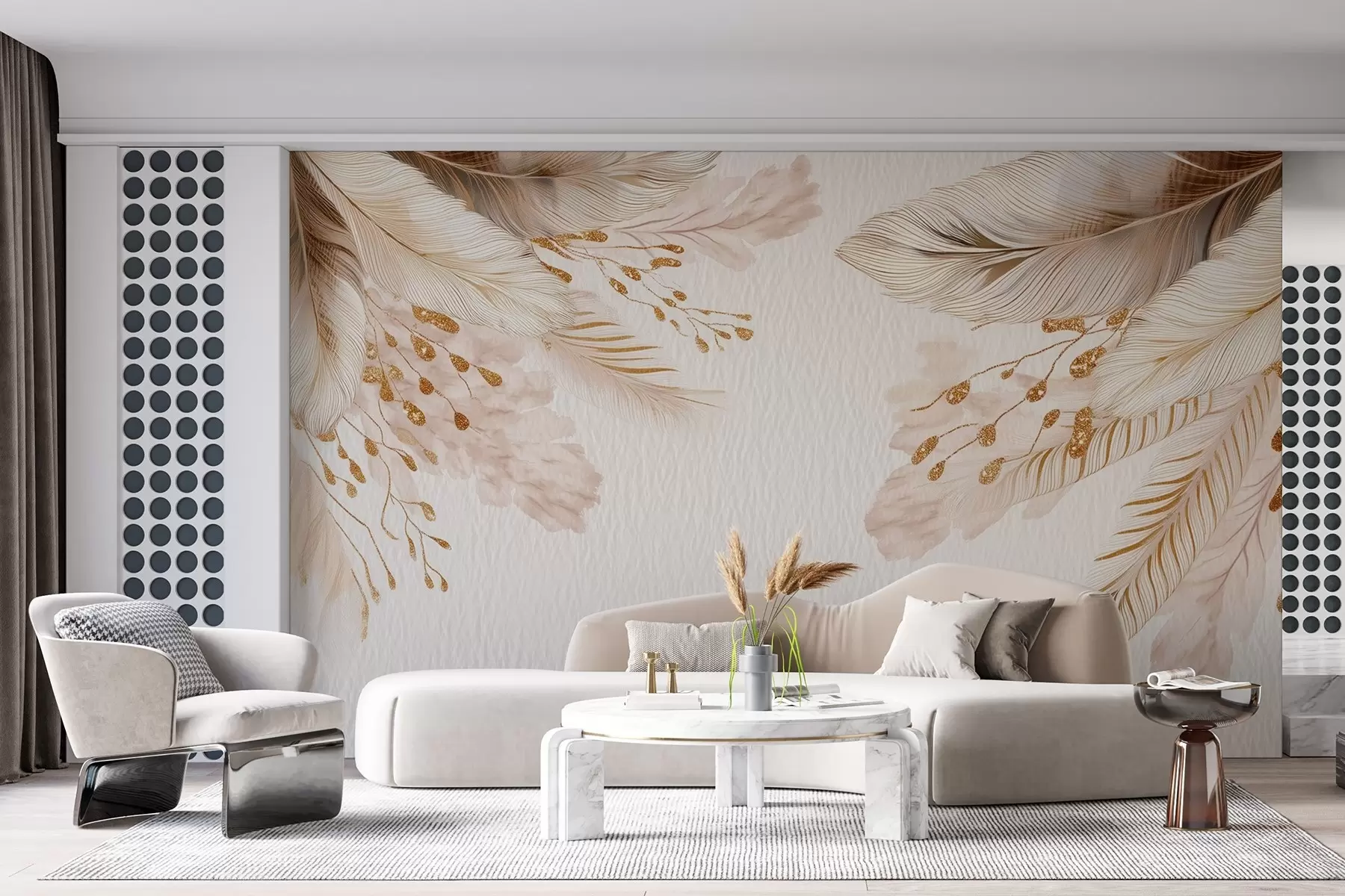 murais de parede Erva-dos-pampas e penas em estilo aguarela em bege e branco sobre papel w09079