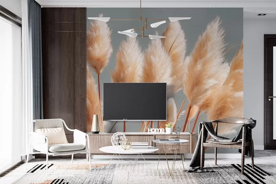 murais de parede Erva-dos-pampas bege sobre um fundo cinzento-azulado w09083