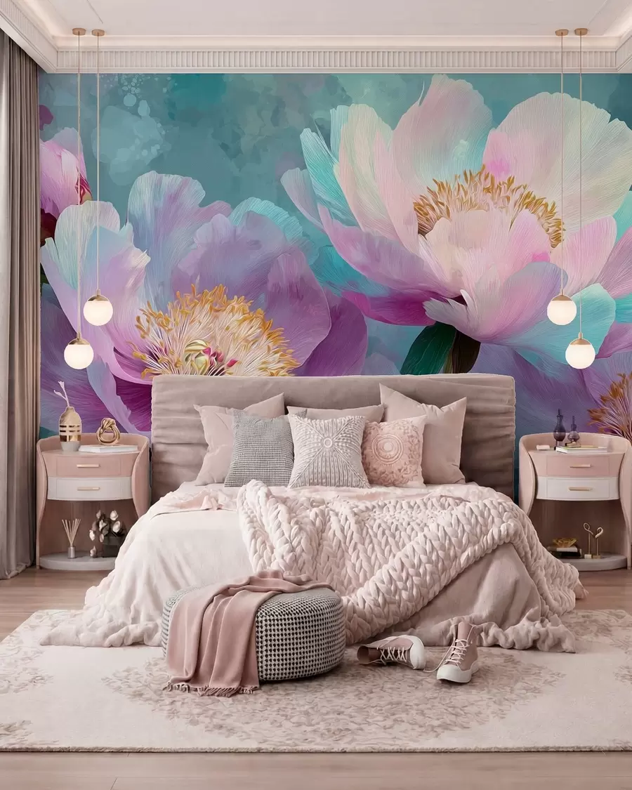 murais de parede Peónias coloridas em tons de azul e roxo w09087
