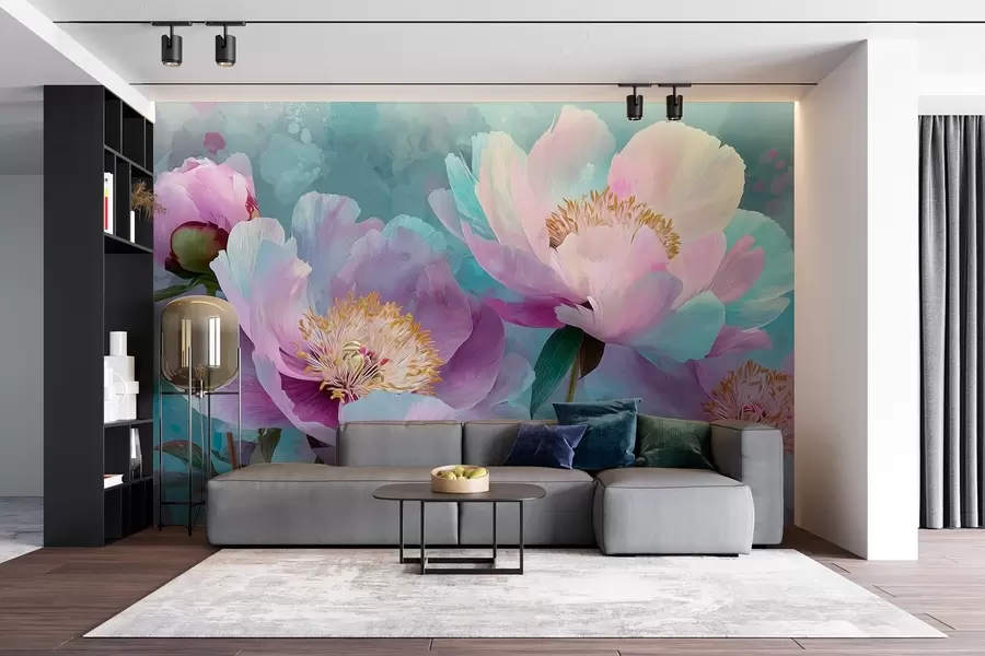 murais de parede Peónias coloridas em tons de azul e roxo w09087