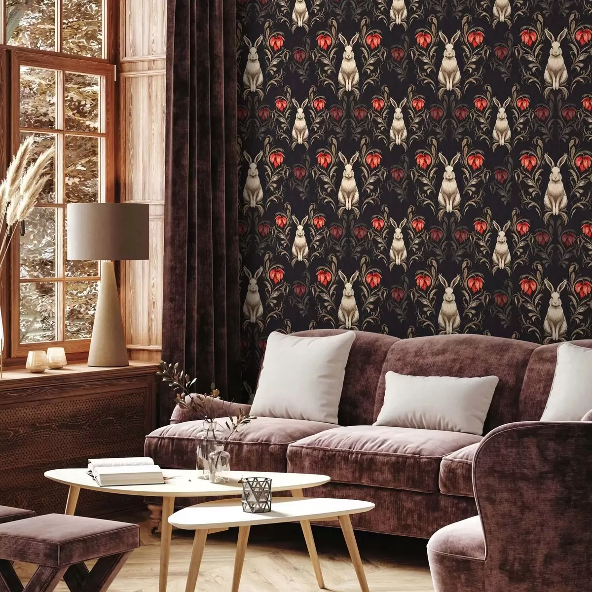 Papel de parede Lebre e flores vermelhas sobre um fundo escuro a00102