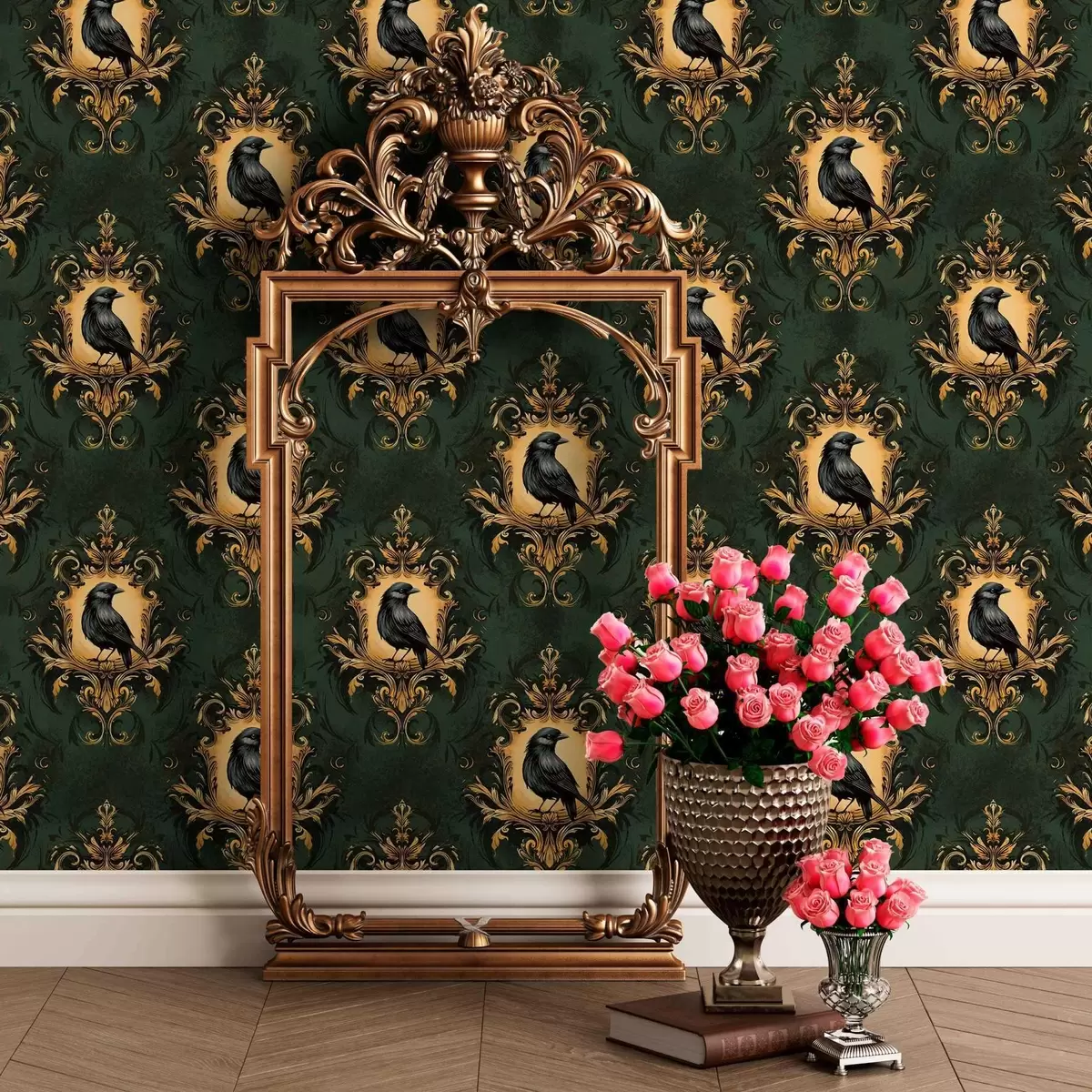 Papel de parede Corvo numa moldura sobre um fundo verde a00105