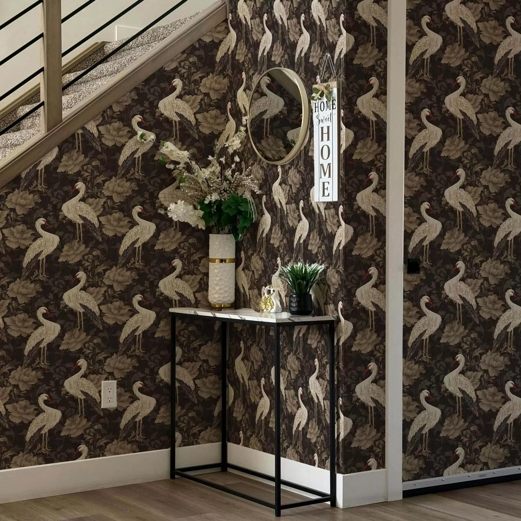 murais de parede Grous entre grandes flores numa paleta clássica em tons pastel a00108