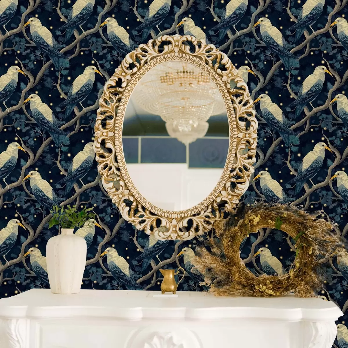 Papel de parede Pássaros brancos nos ramos entre pirilampos brilhantes na floresta nocturna a00109