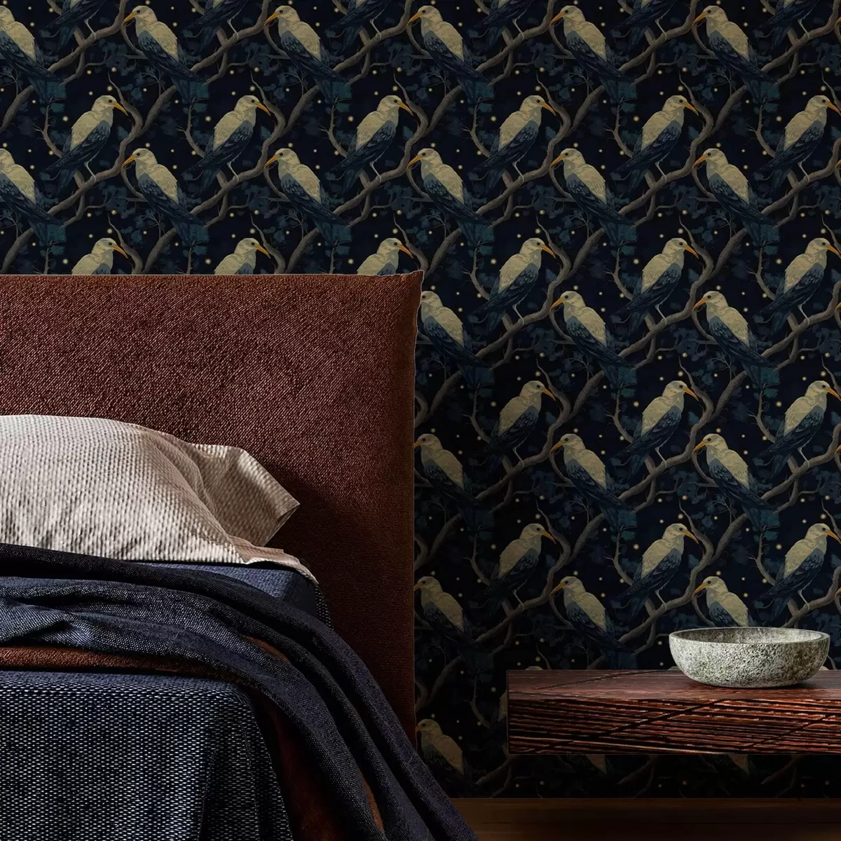 Papel de parede Aves nocturnas em ramos e estrelas sobre um fundo azul escuro a00109v1