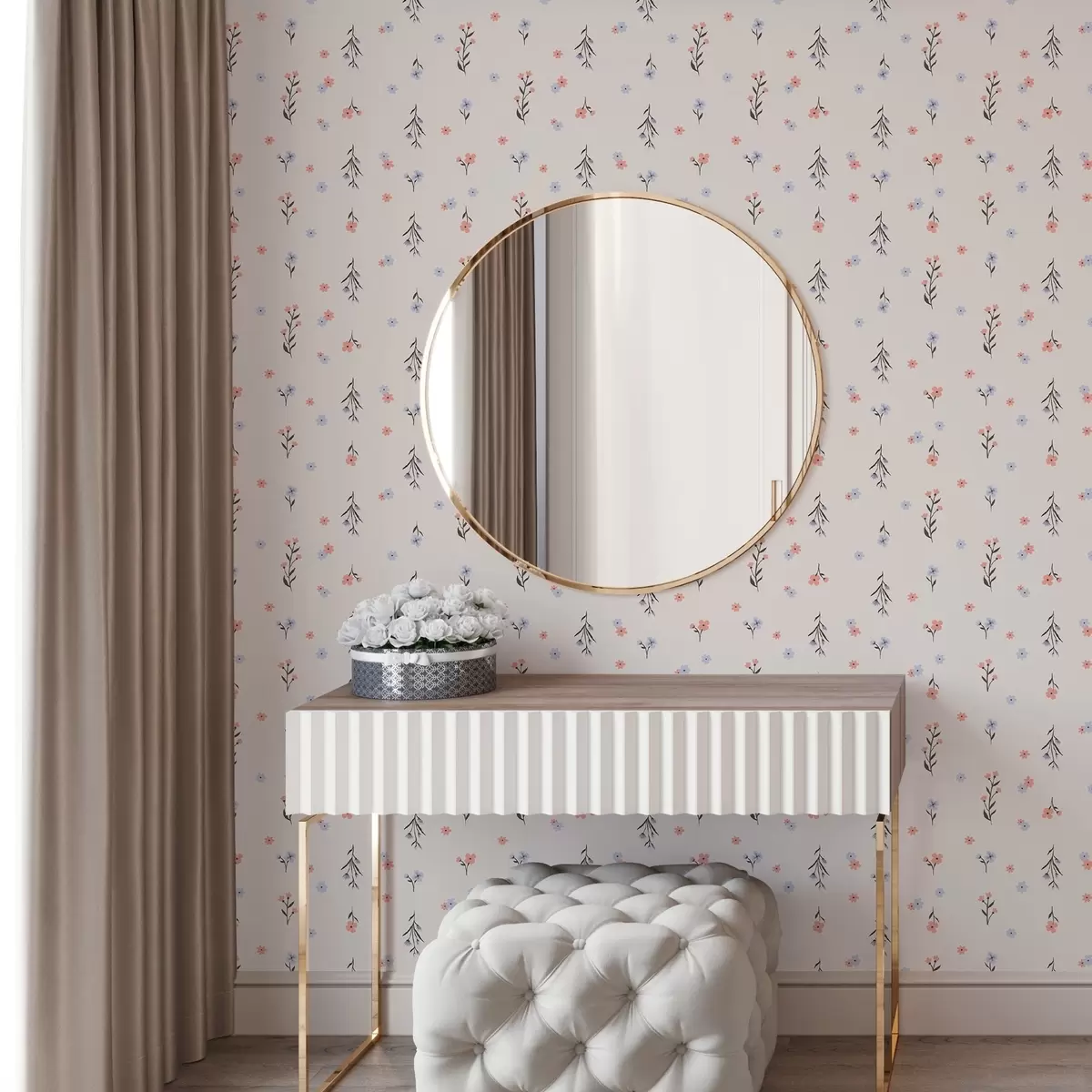 Papel de parede Pequenas flores em tons de rosa pálido e azul sobre um fundo creme a00110