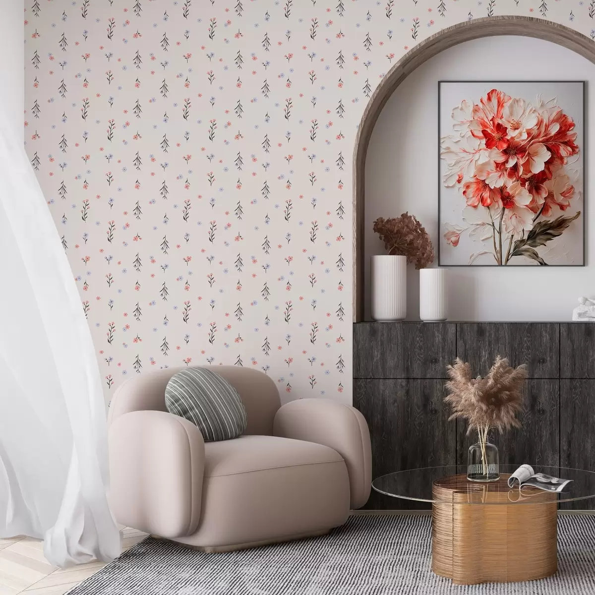 Papel de parede Pequenas flores em tons de rosa pálido e azul sobre um fundo creme a00110