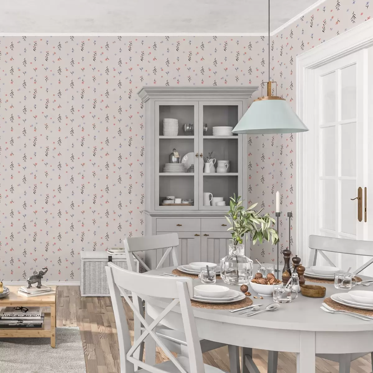 Papel de parede Pequenas flores em tons de rosa pálido e azul sobre um fundo creme a00110