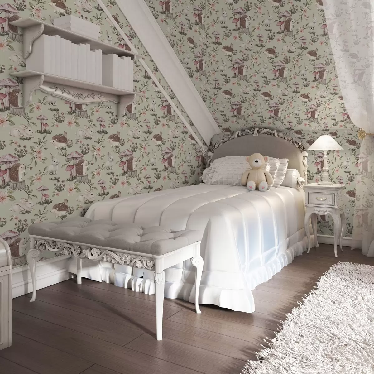 Papel de parede Animais e flores de contos de fadas sobre um fundo verde em delicados tons pastel a00111v1