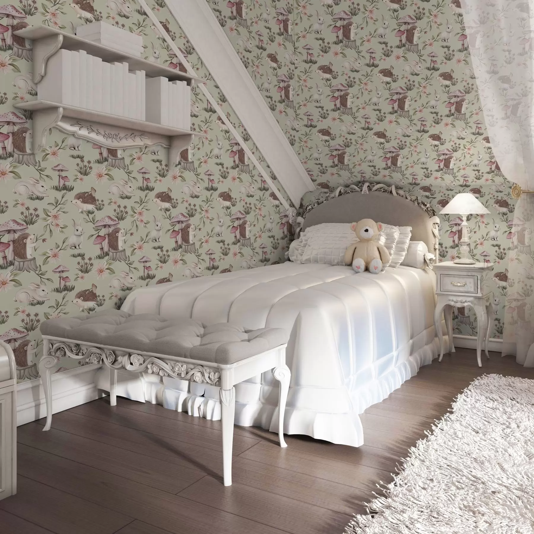 murais de parede Animais e flores de contos de fadas sobre um fundo verde em delicados tons pastel a00111v1
