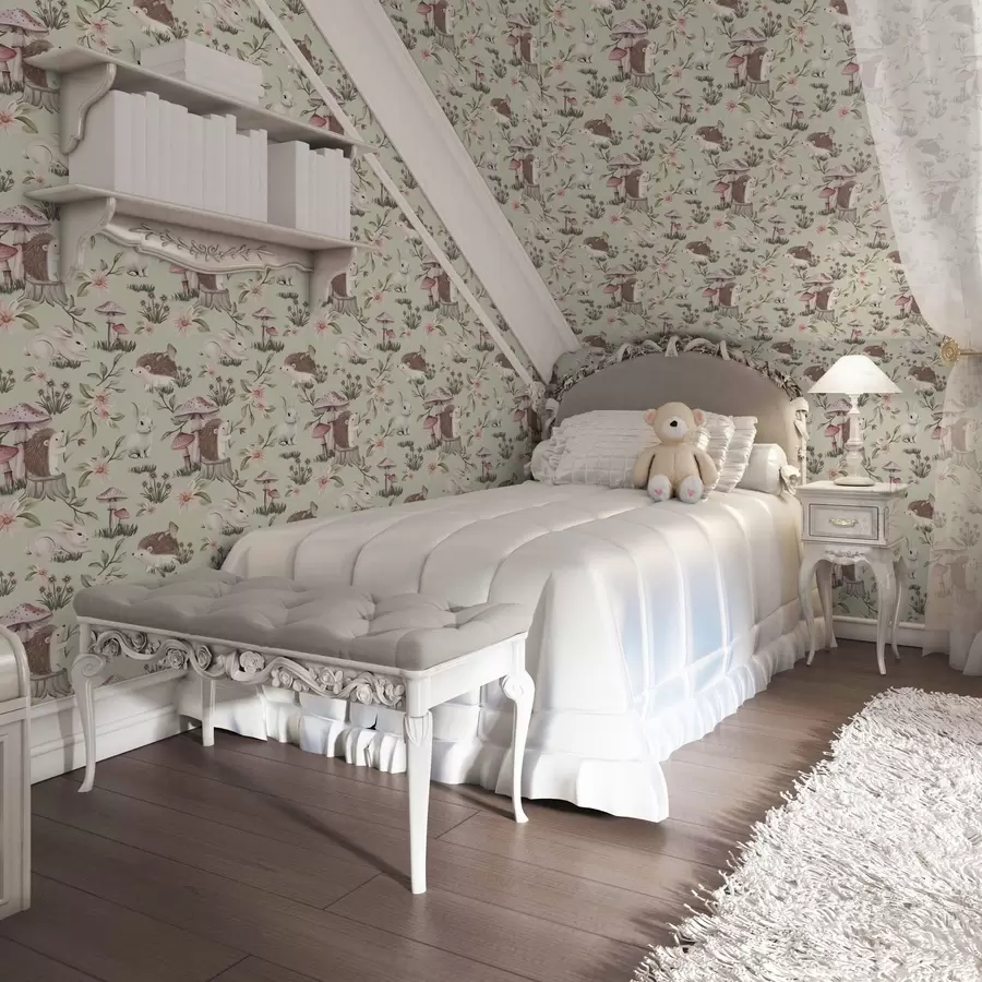 murais de parede Animais e flores de contos de fadas sobre um fundo verde em delicados tons pastel a00111v1