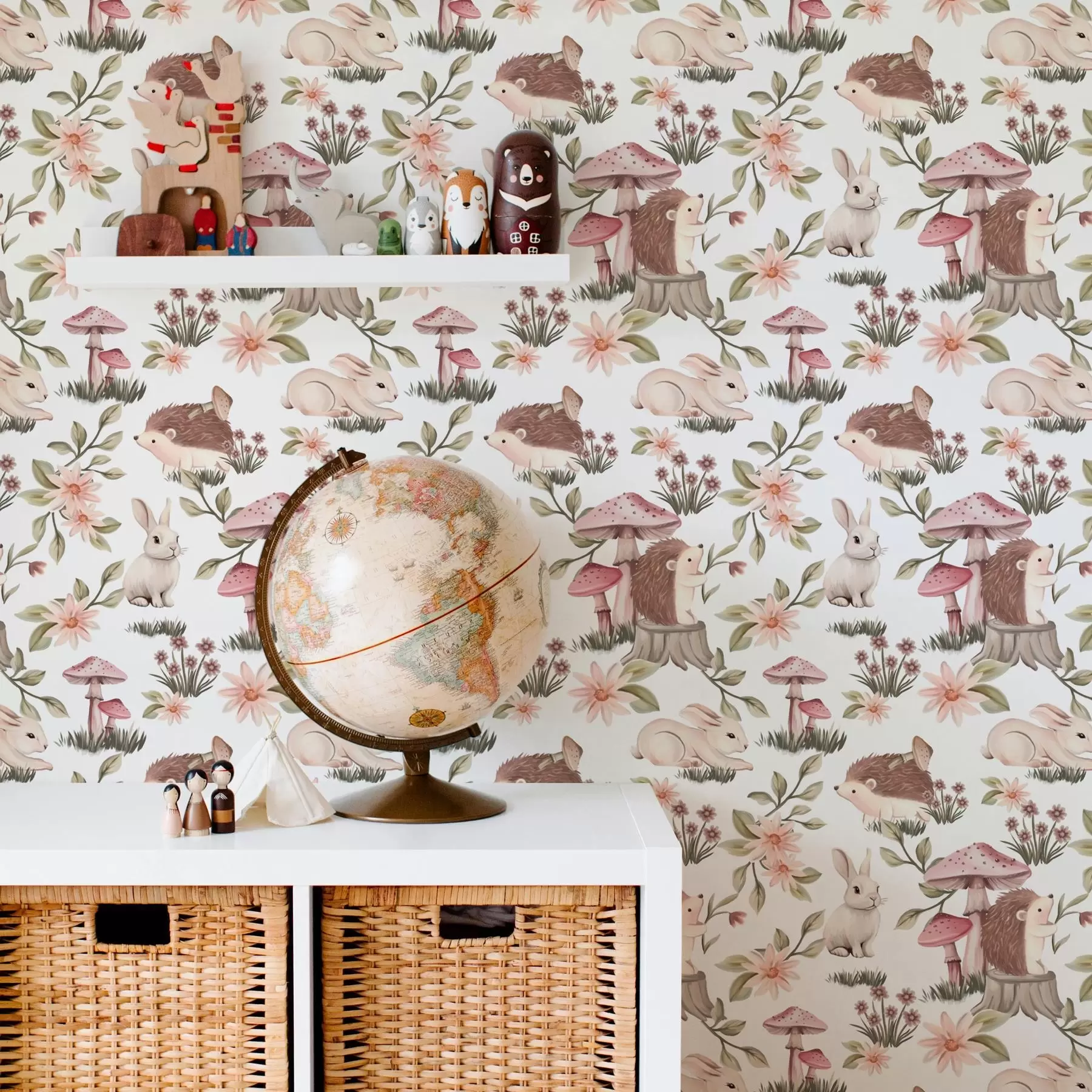 murais de parede Ouriços e coelhos sobre fundo branco com flores delicadas e cogumelos a00111v2