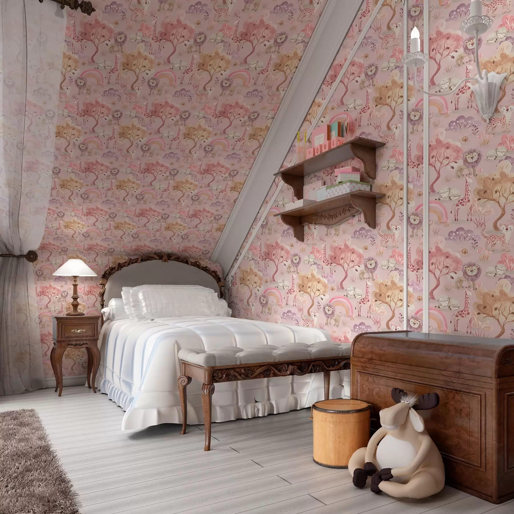 murais de parede Filhotes de leão, girafas e arco-íris numa floresta em tons pastel a00112