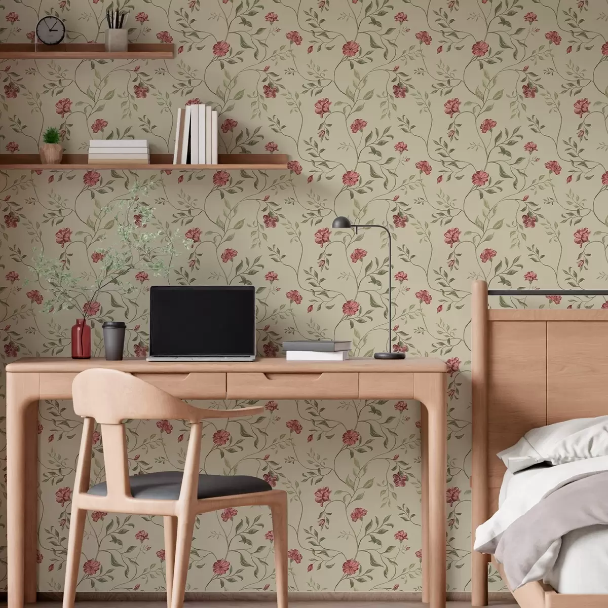 Papel de parede Flores e botões vermelhos sobre um fundo claro a00114