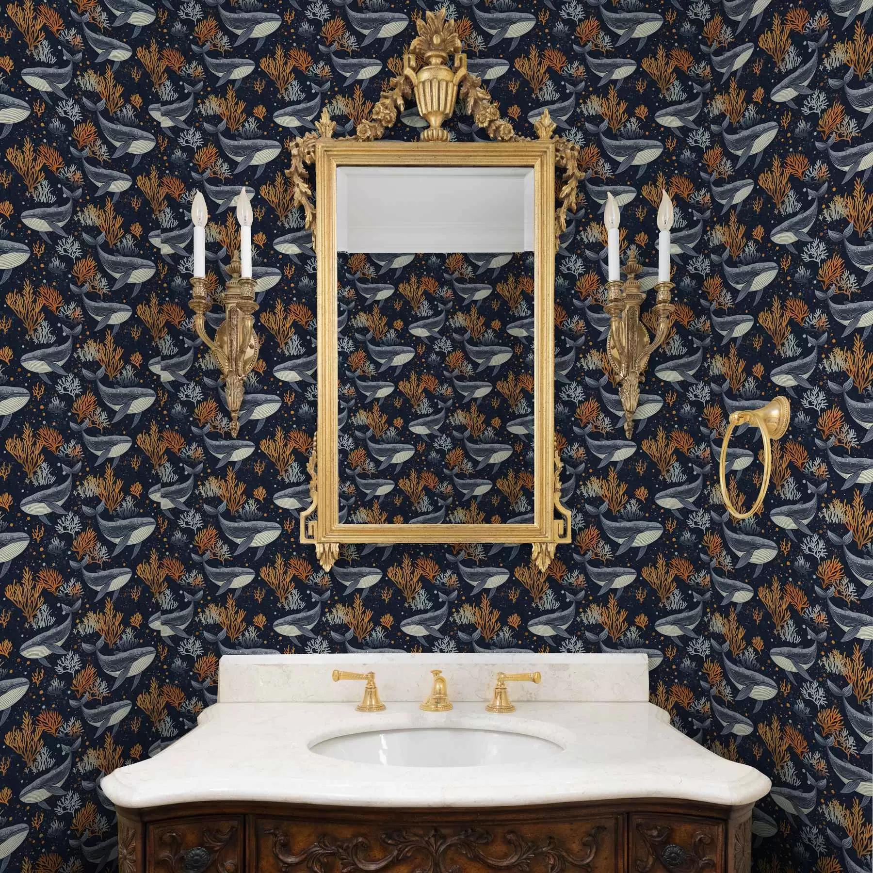 murais de parede Baleias e corais sobre um fundo escuro a00116