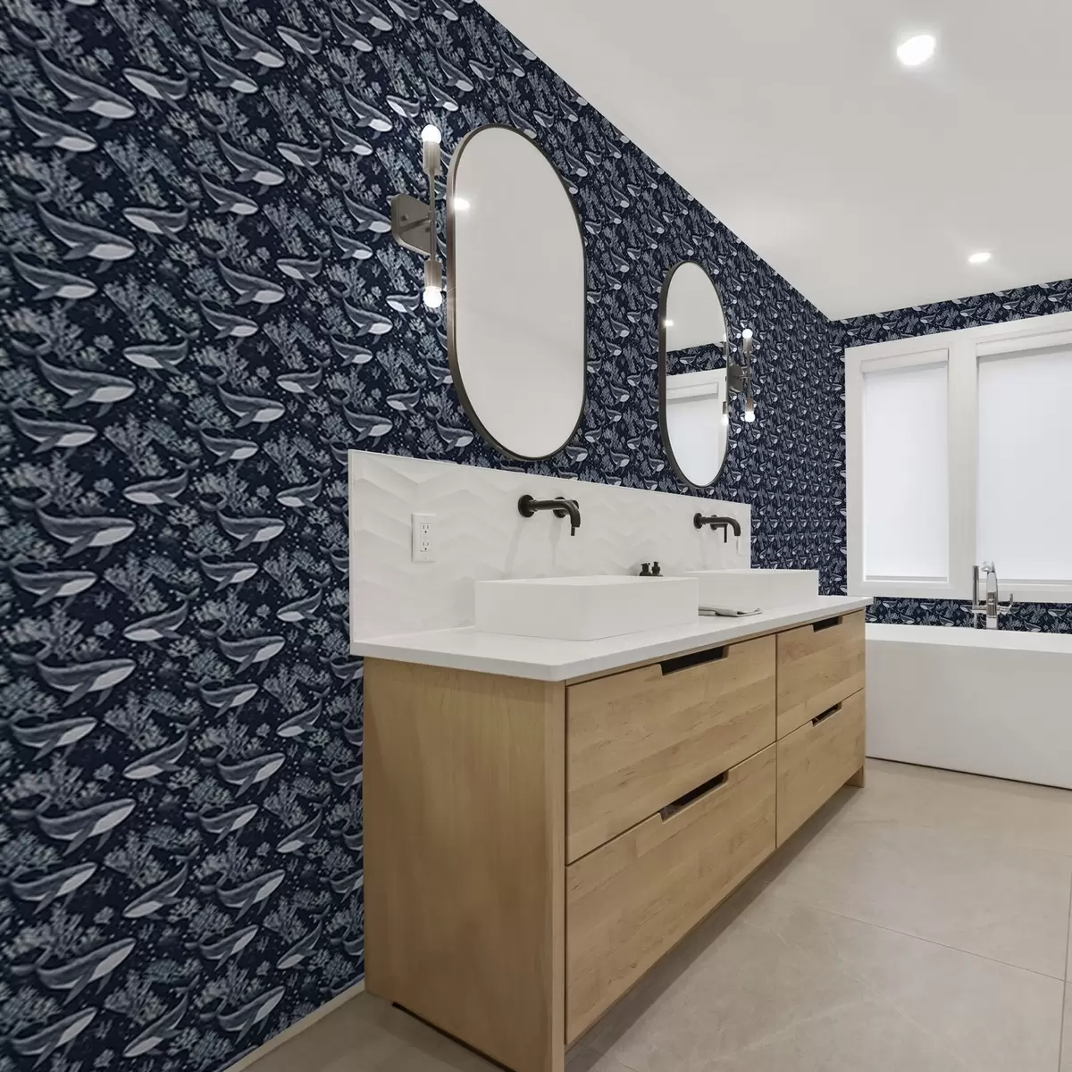 Papel de parede Baleias e corais num fundo azul escuro a00116v1