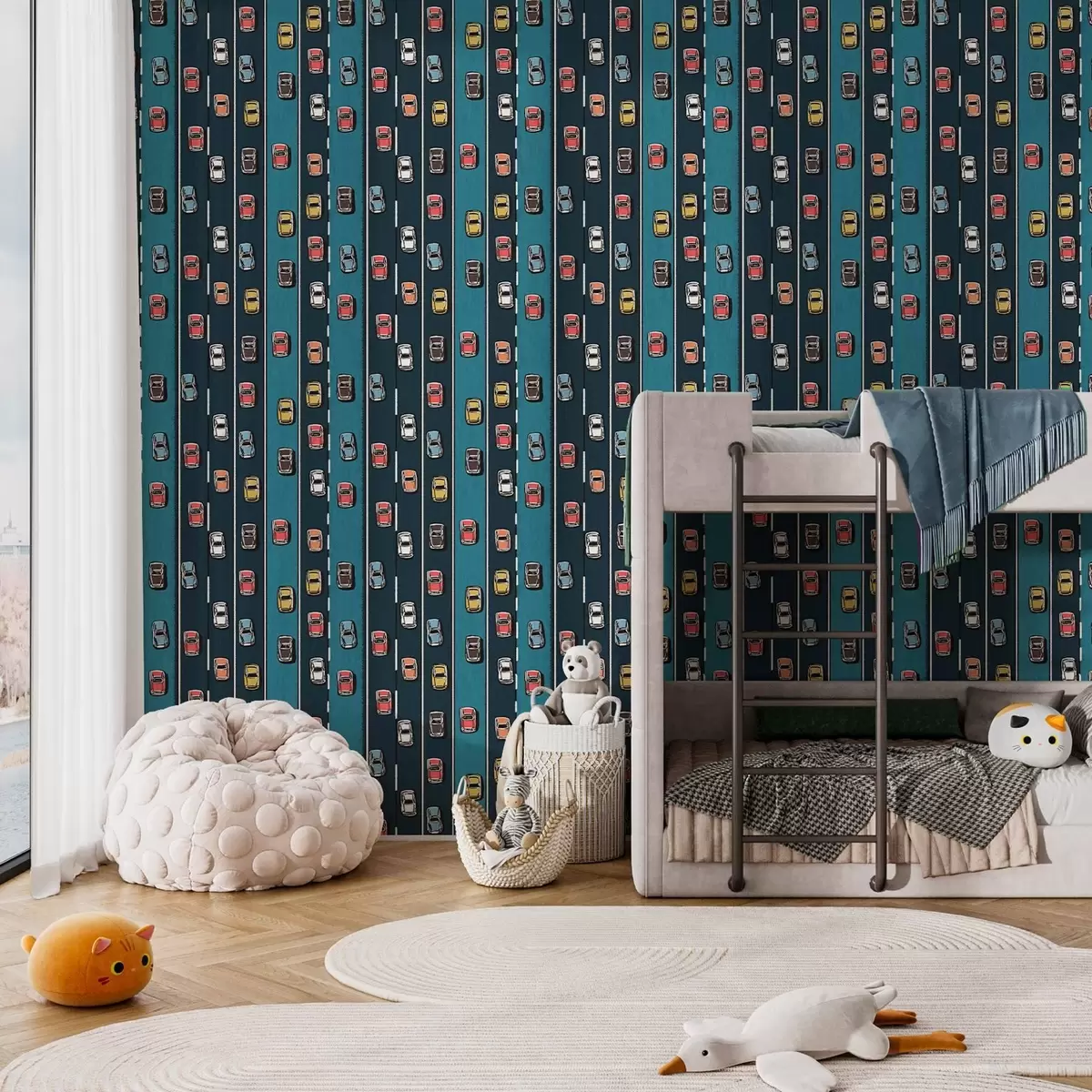 Papel de parede Carro retro numa estrada azul-marinho ao estilo dos anos 60 a00118