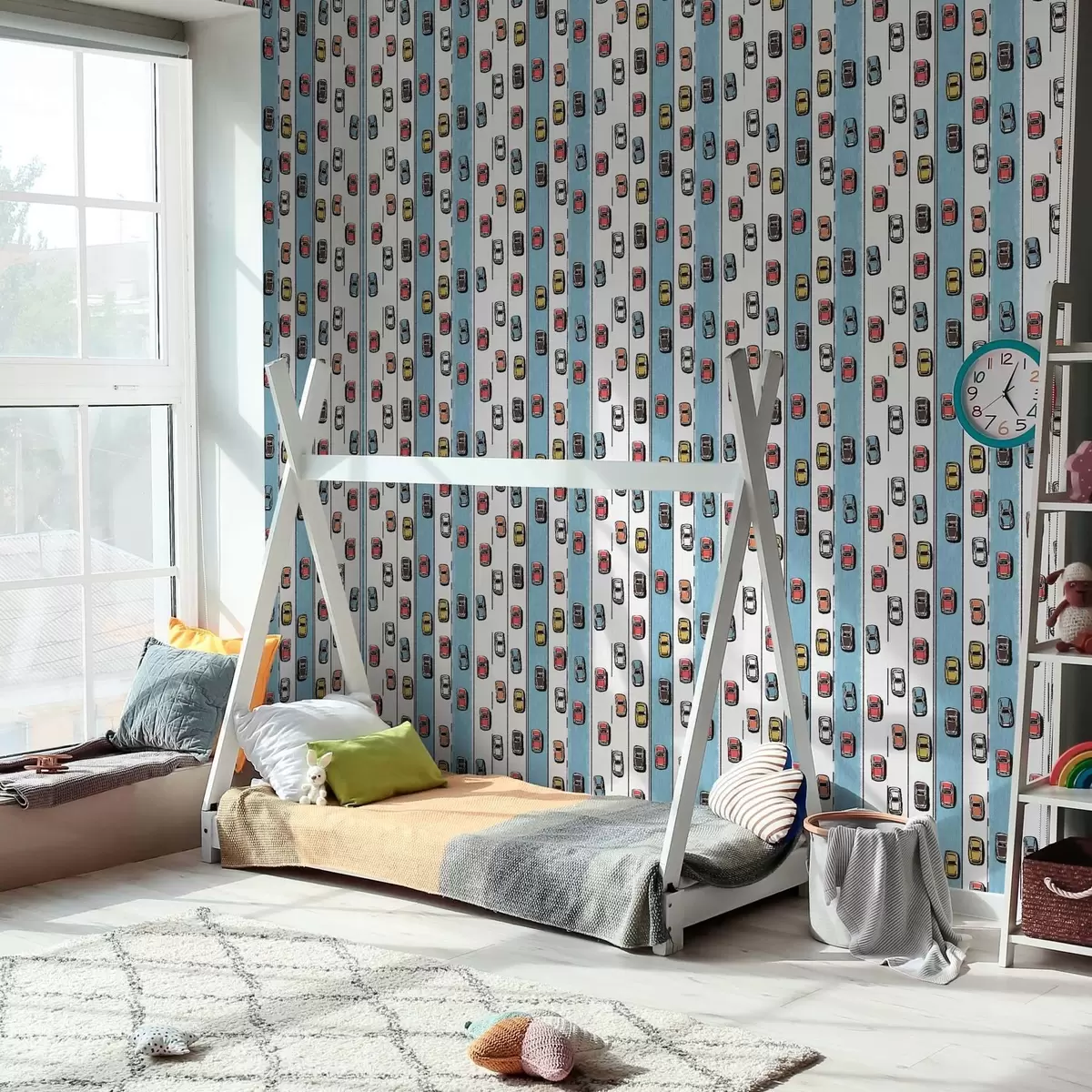 Papel de parede Carro retro numa estrada branca e azul ao estilo dos anos 60 a00118v2