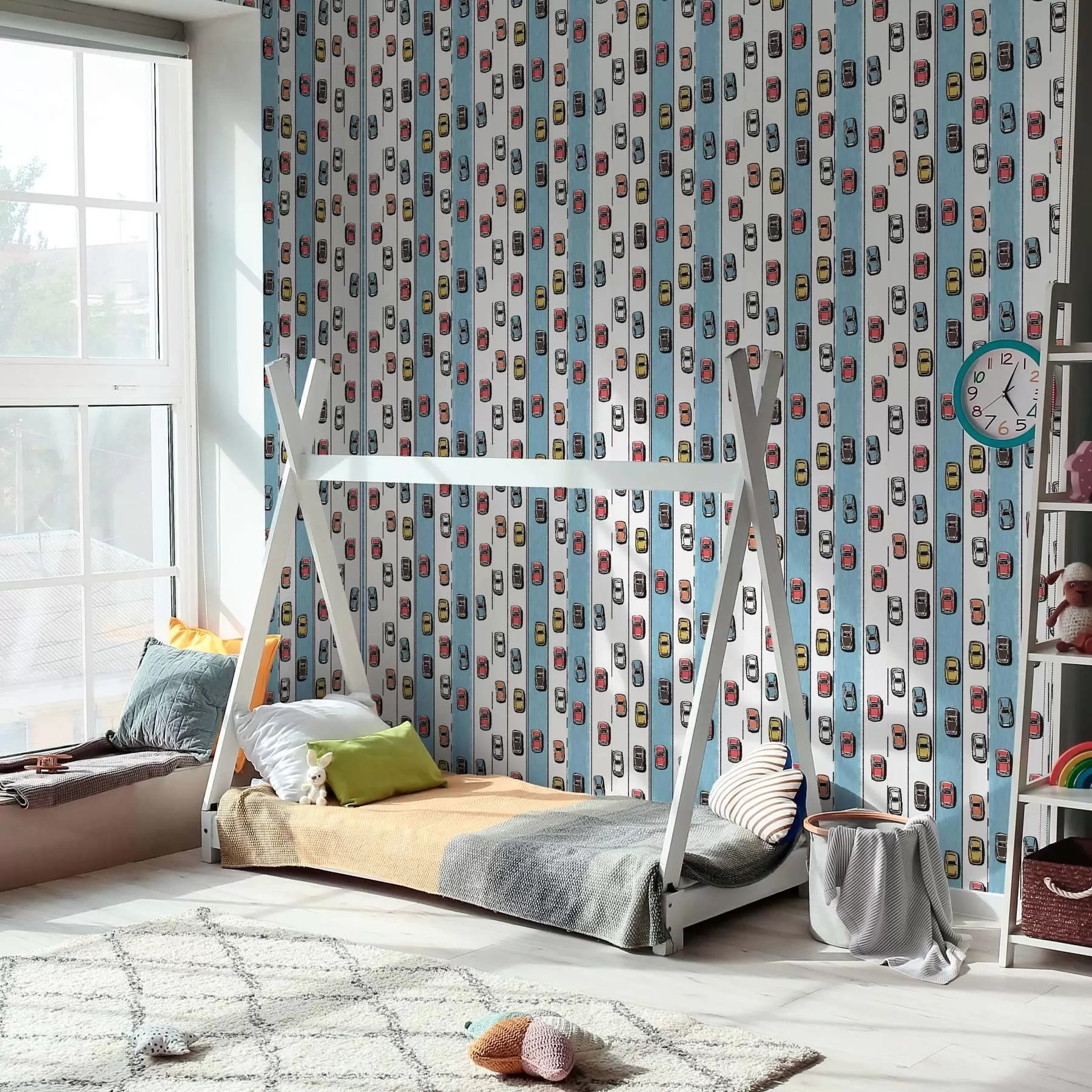 murais de parede Carro retro numa estrada branca e azul ao estilo dos anos 60 a00118v2