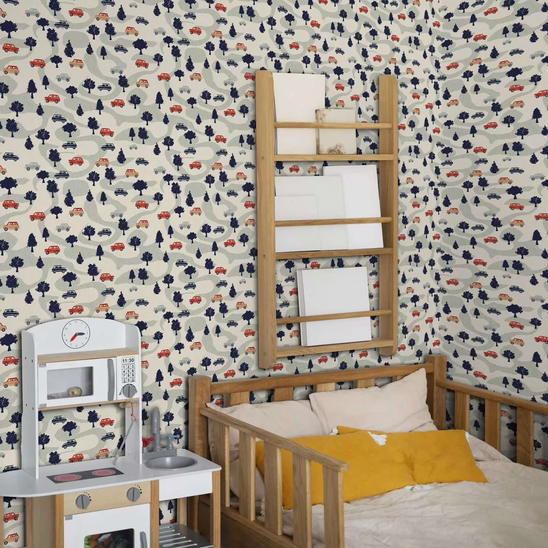 murais de parede Carros engraçados entre as árvores num fundo creme a00119