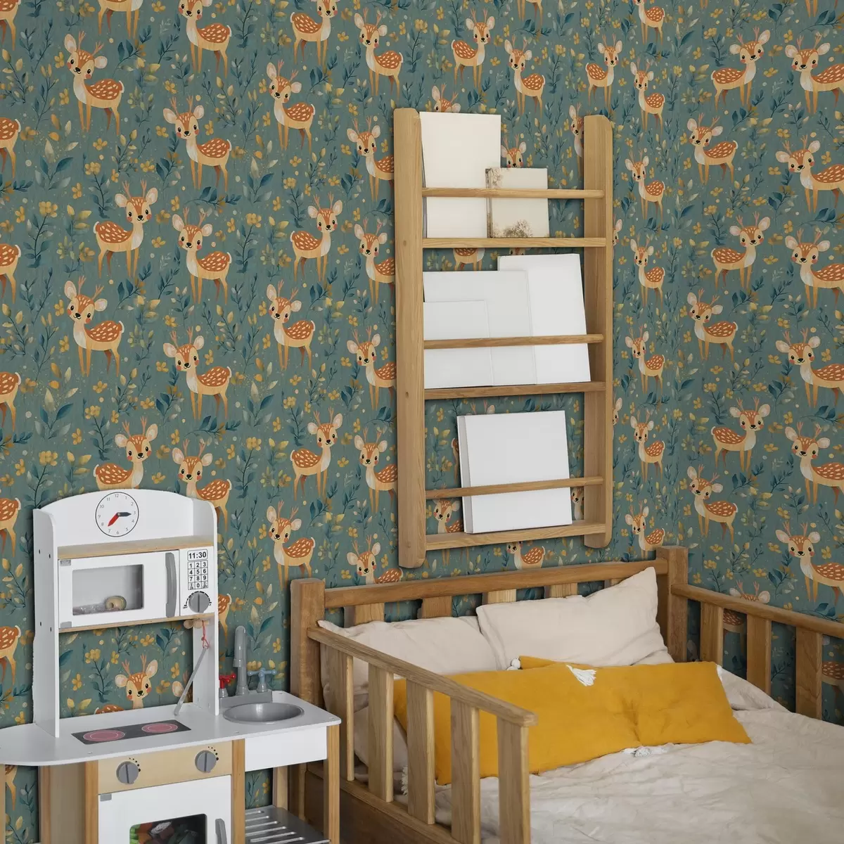 Papel de parede Veado bebé na floresta com folhas amarelas a00124v1
