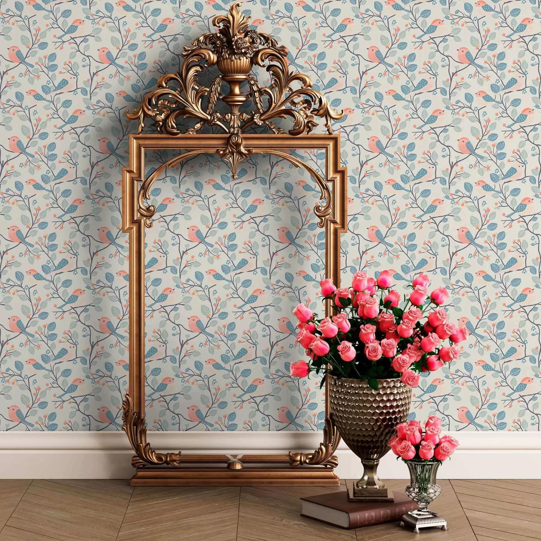 murais de parede Pássaros e ramos em tons pastel sobre um fundo claro a00128