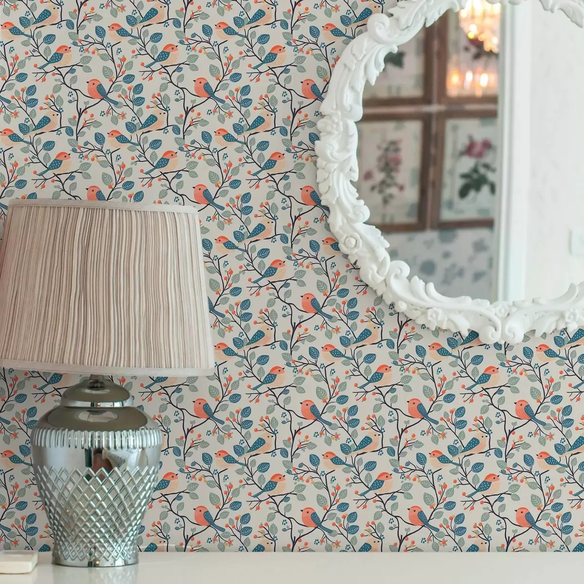 Papel de parede Pássaros nos ramos e bagas em cores quentes a00128v1