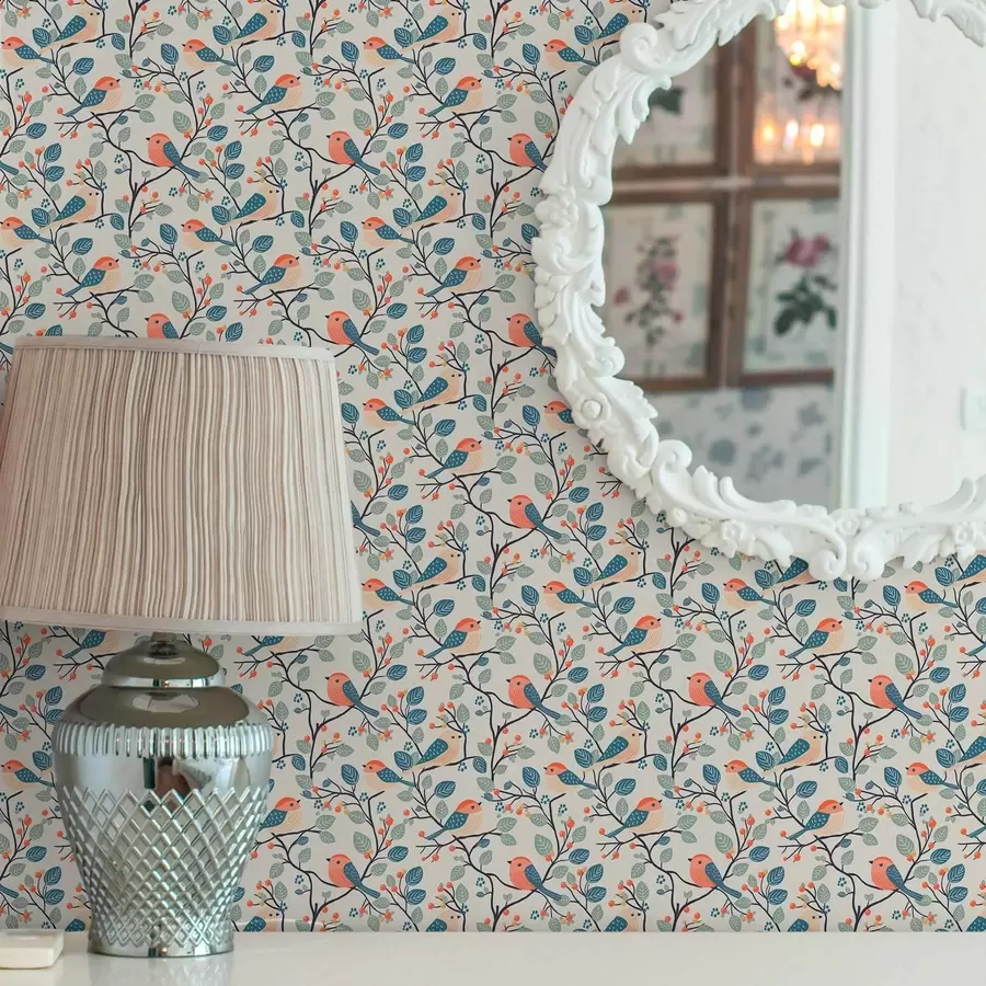 murais de parede Pássaros nos ramos e bagas em cores quentes a00128v1