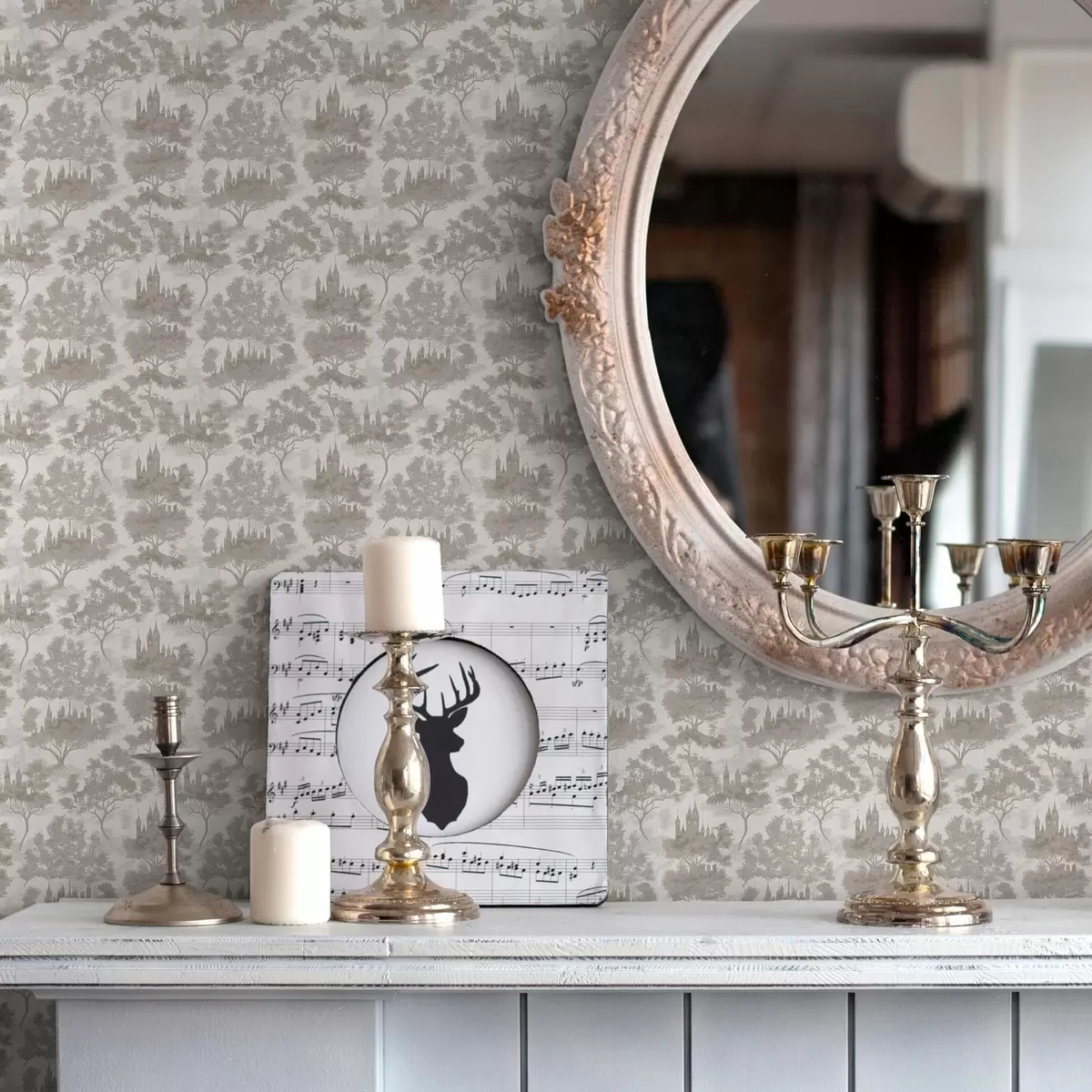 Papel de parede Castelo na floresta em estilo cinzento e bege a00130