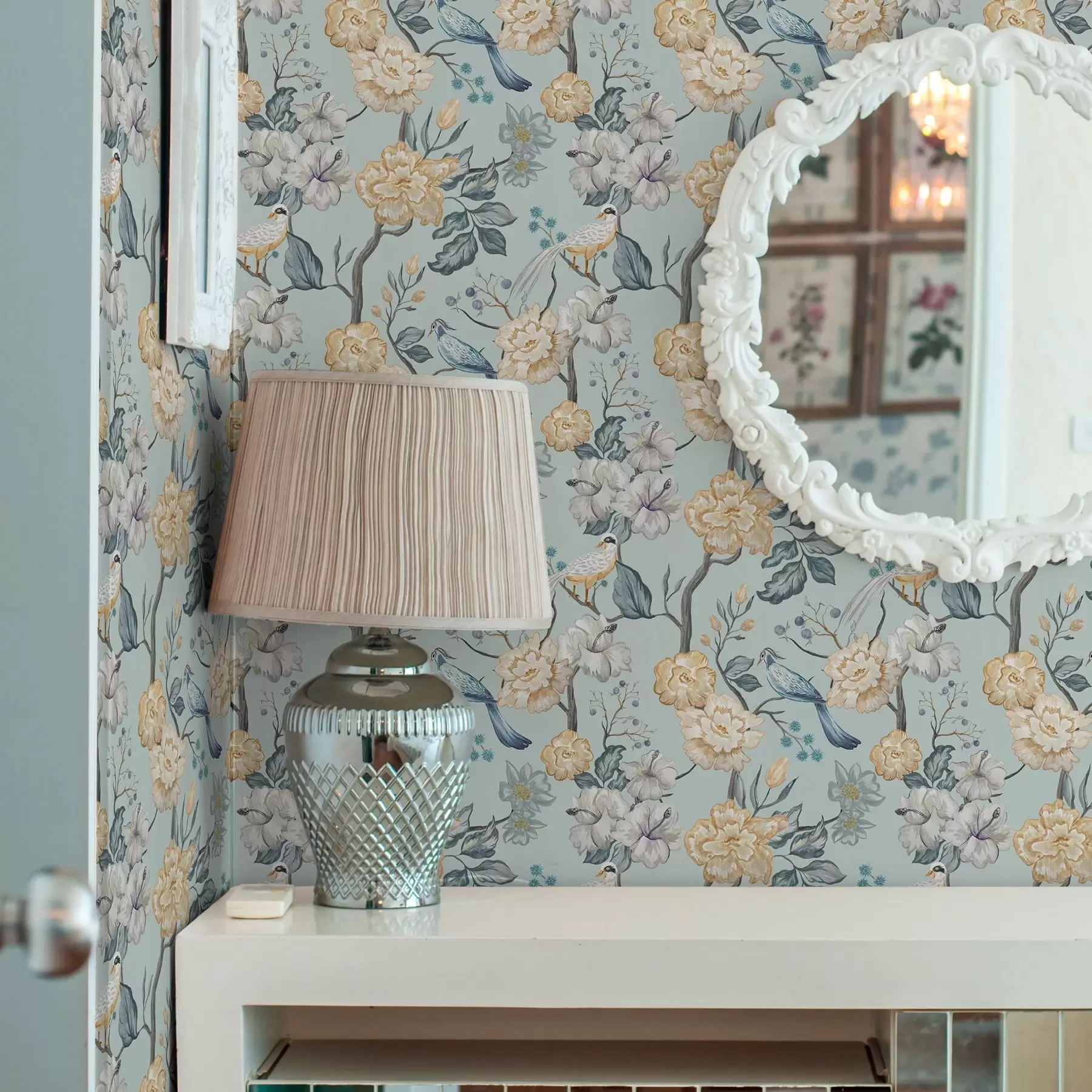 murais de parede Flores e pássaros sobre fundo azul a00134