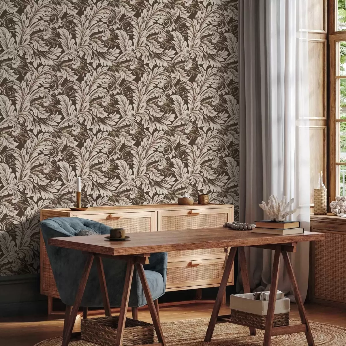 Papel de parede Padrão barroco com folhas sobre um fundo escuro a00135v5