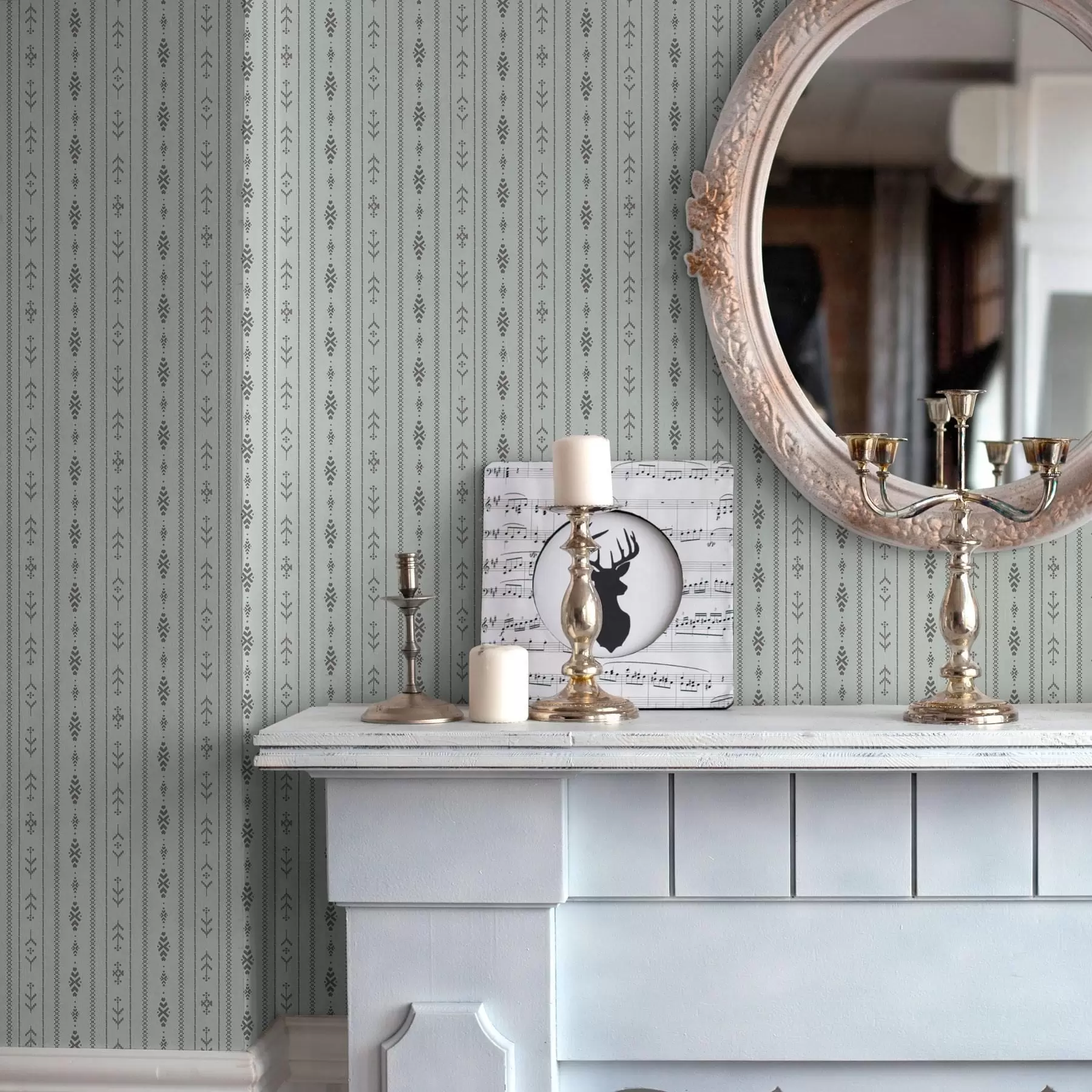 murais de parede Motivo étnico com motivos em tons de cinzento e menta a00138