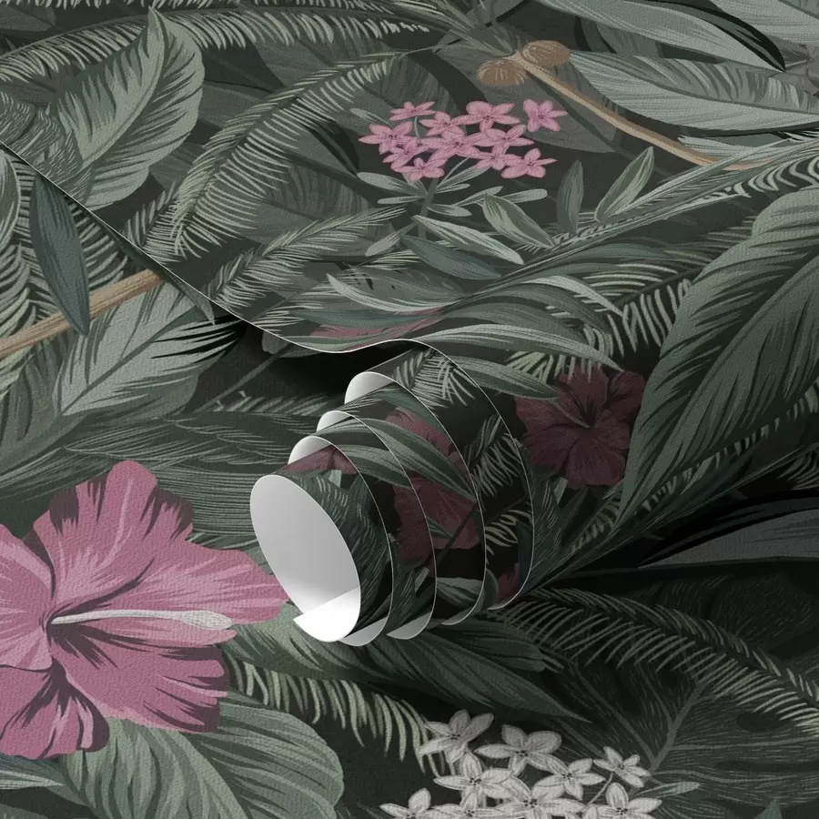 murais de parede Folhas tropicais e pássaro sobre um fundo escuro a00140