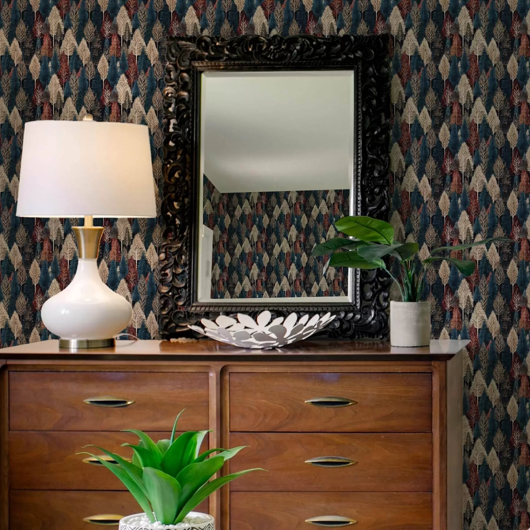 murais de parede Floresta abstrata com árvores sobre fundo azul escuro a00150