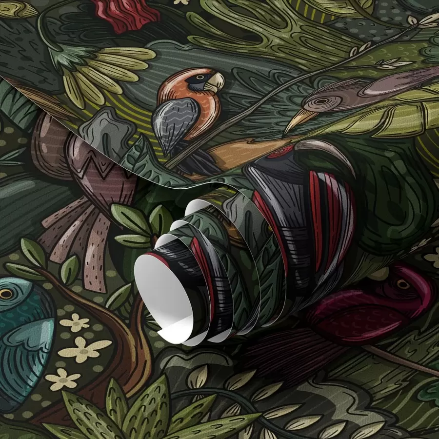 murais de parede Aves exóticas na selva ao estilo de uma gravura a00157