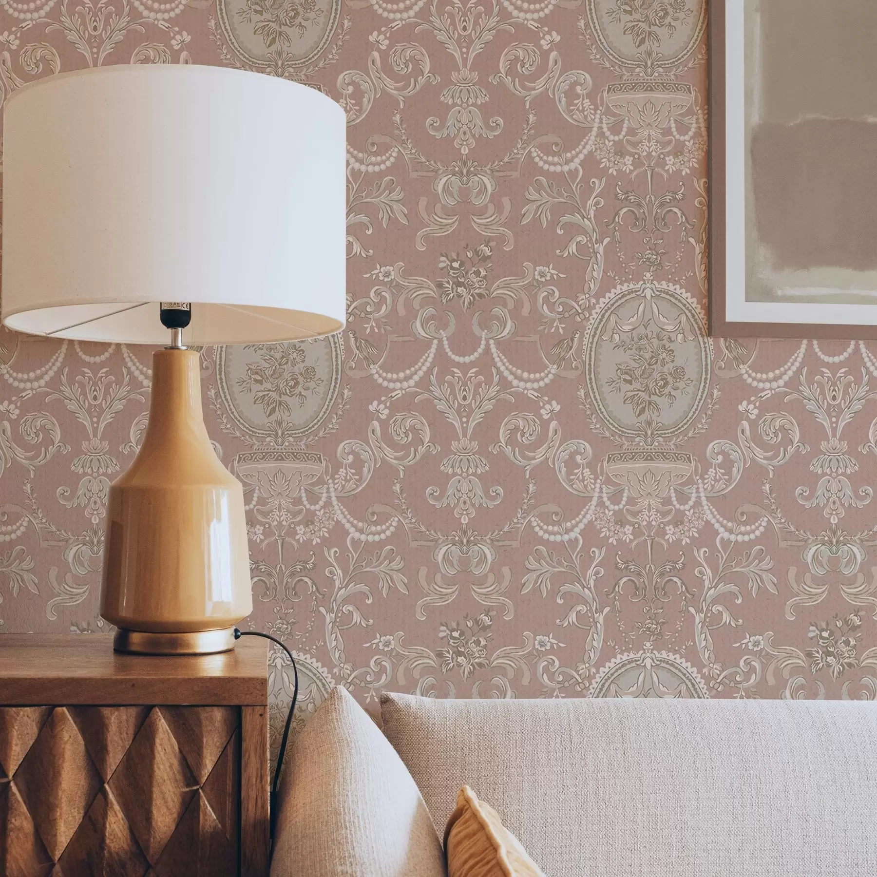 murais de parede Ornamento barroco com flores sobre fundo cor-de-rosa a00160