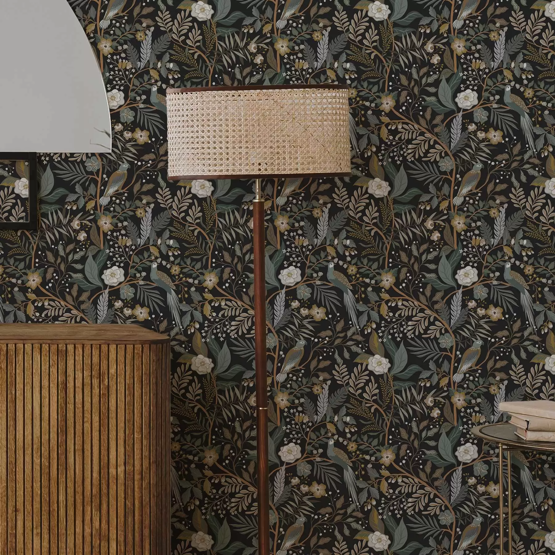 murais de parede Pássaros entre ramos num fundo escuro a00161