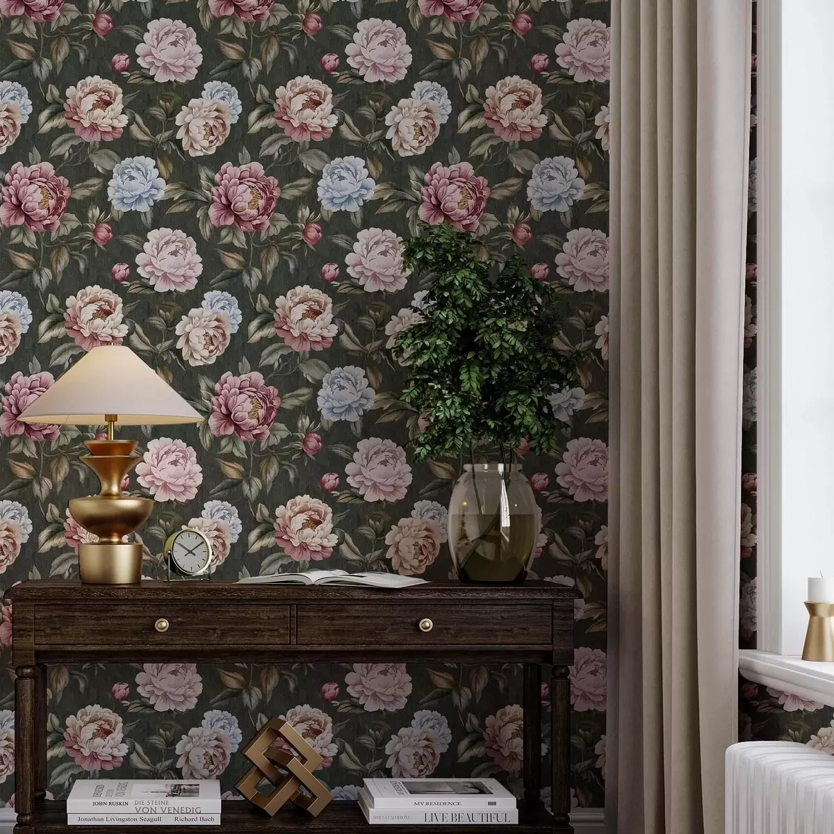 Papel de parede Peónias sobre um fundo verde escuro a00106